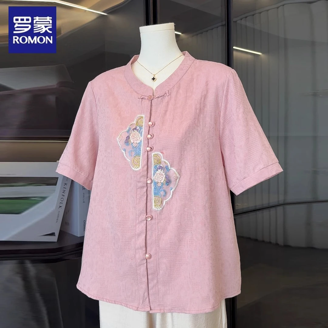 罗蒙妈妈短袖新款衬衫大码棉麻上衣气质中老年女装夏季气质套装