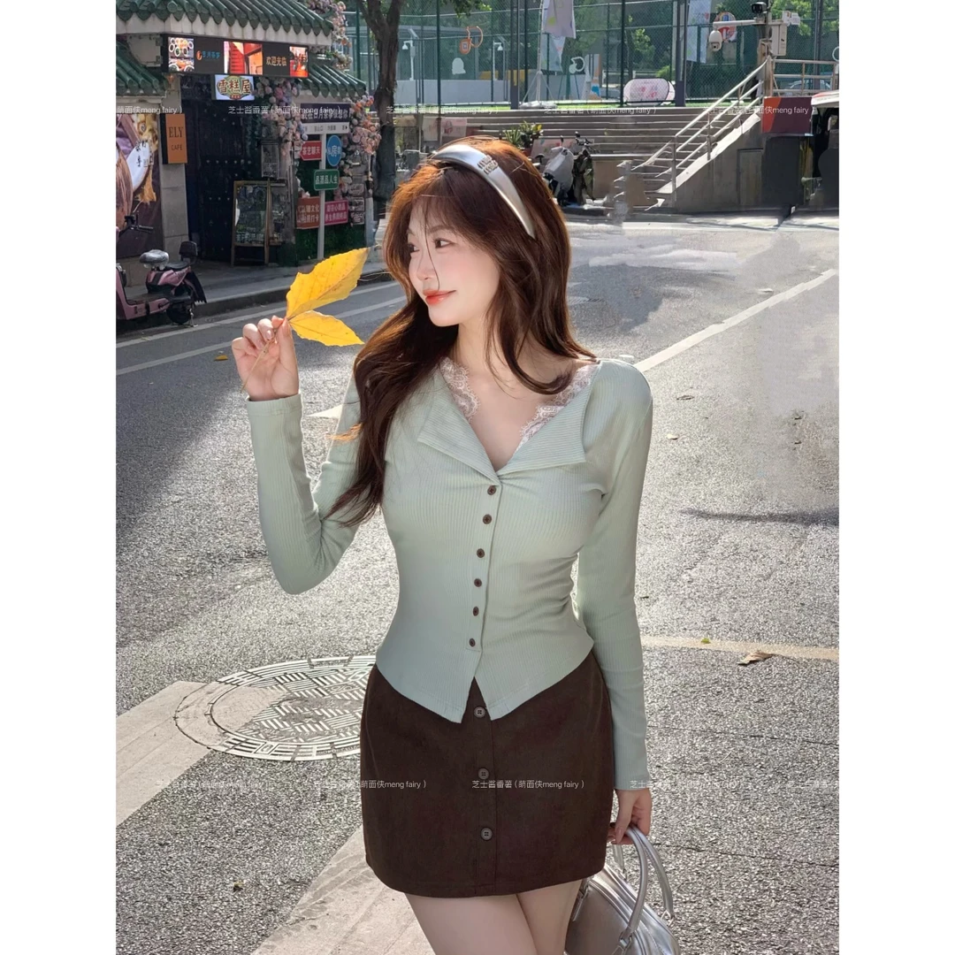 萌面侠芝士现货【旧梦薄荷】韩系V领蕾丝拼接长袖针织衫上衣7030