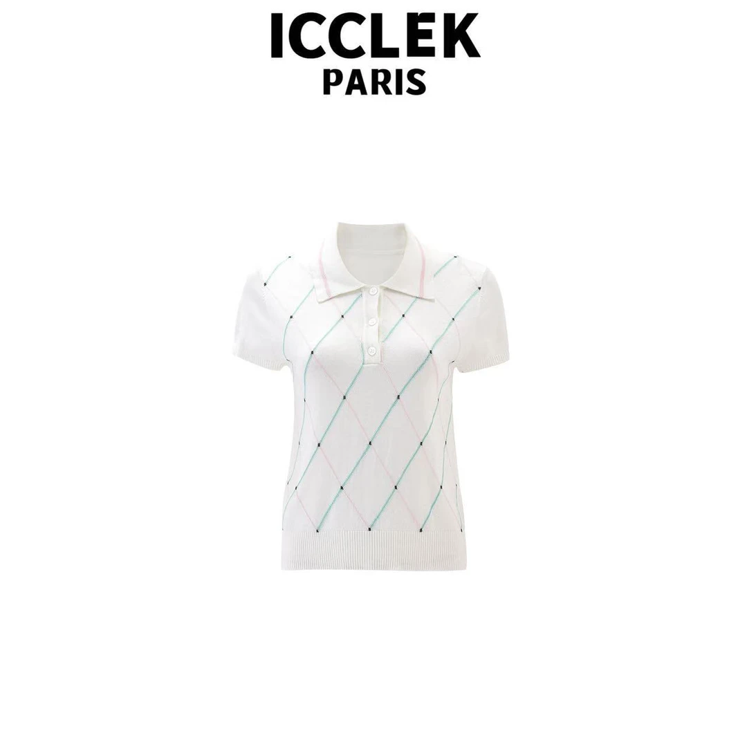 ICCLEK  白色翻领短袖针织衫休闲时尚夏季百搭气质短袖 -5628