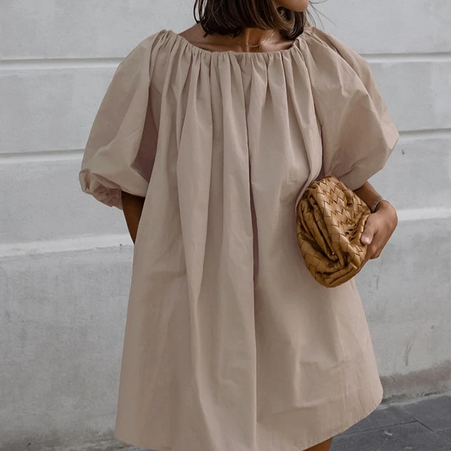 潮流短款泡泡袖露肩连衣裙卡其色2024夏季性感欧美风格女士跨境批