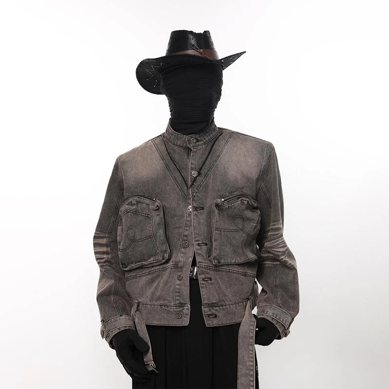 MANSON先锋设计解构拼接压褶设计双口袋小众复古美式牛仔外套百搭