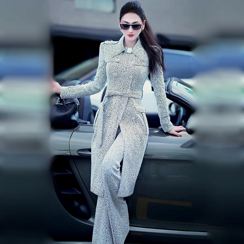 中长款双排扣风衣外套高腰喇叭裤两件套2025年一整套初春套装