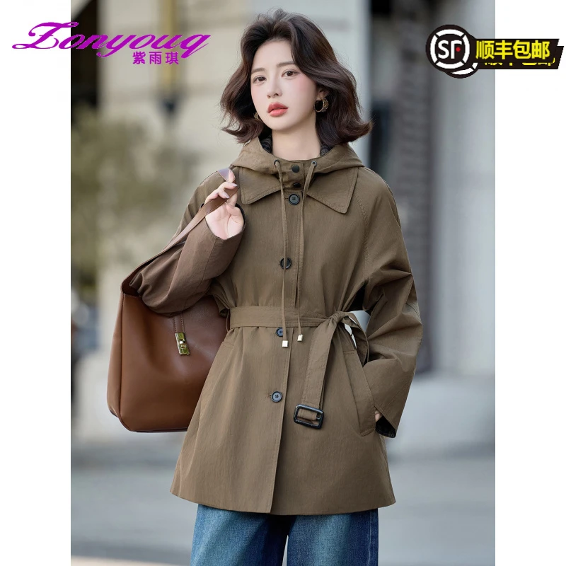 紫雨琪女式风衣2025秋新款设计感宽松连帽大衣系带中长款休闲