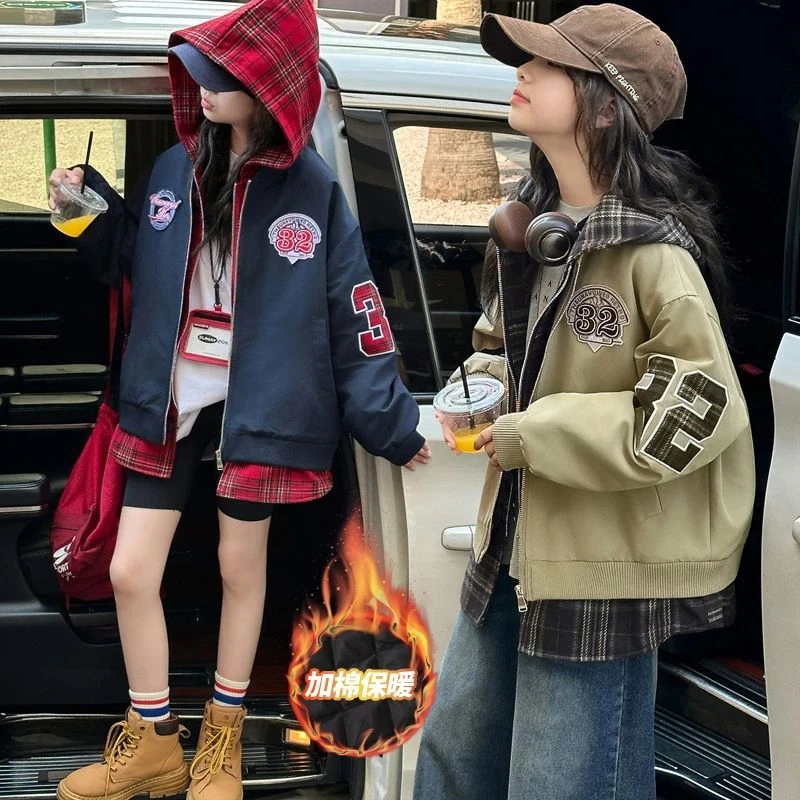 女童秋冬外套2025新款假两件连帽夹棉二棉服美式复古加厚夹克衫潮