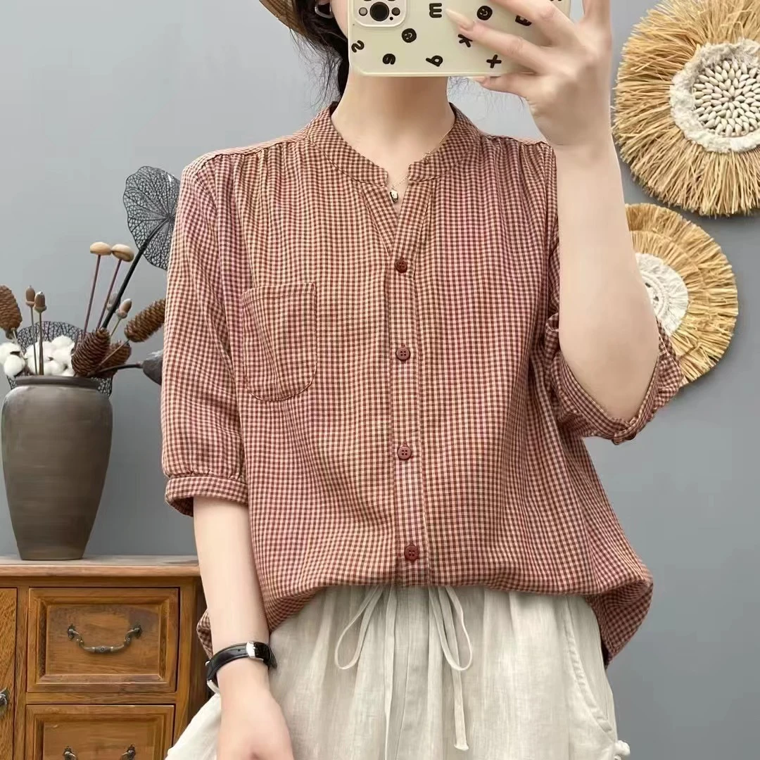 夏季简约通勤千鸟格衬衫女宽松休闲V领五分袖开衫