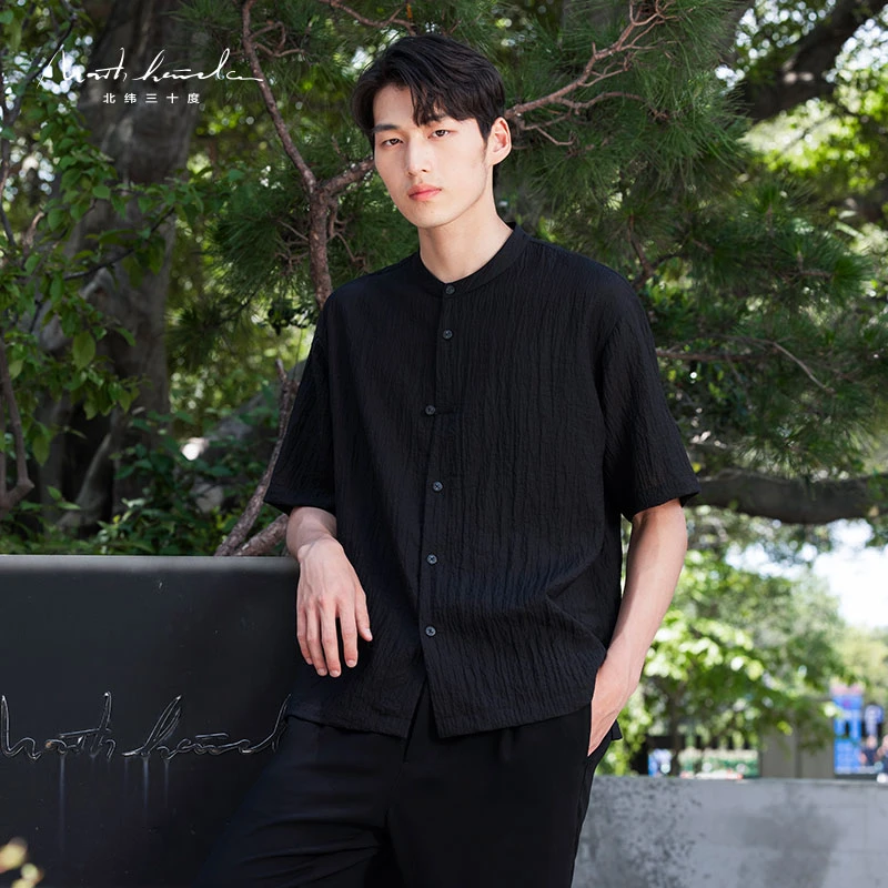 北纬三十度中式圆领衬衫男士夏季休闲宽松褶皱新国风休闲时尚衬衣