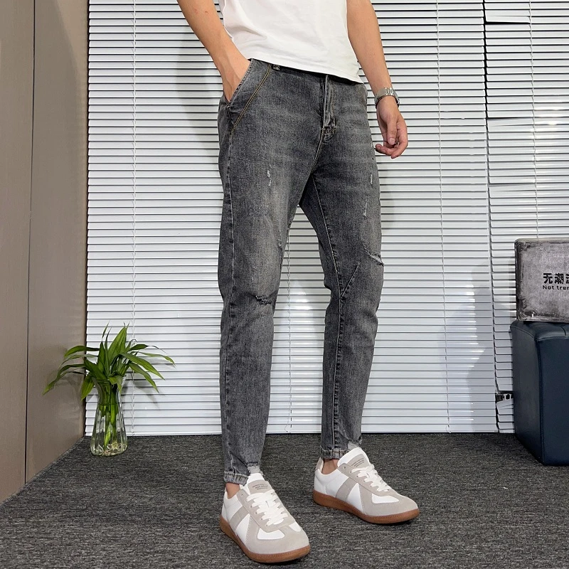 灰色破洞牛仔裤男夏季薄款修身弹力百搭潮流时尚休闲男士九分裤子