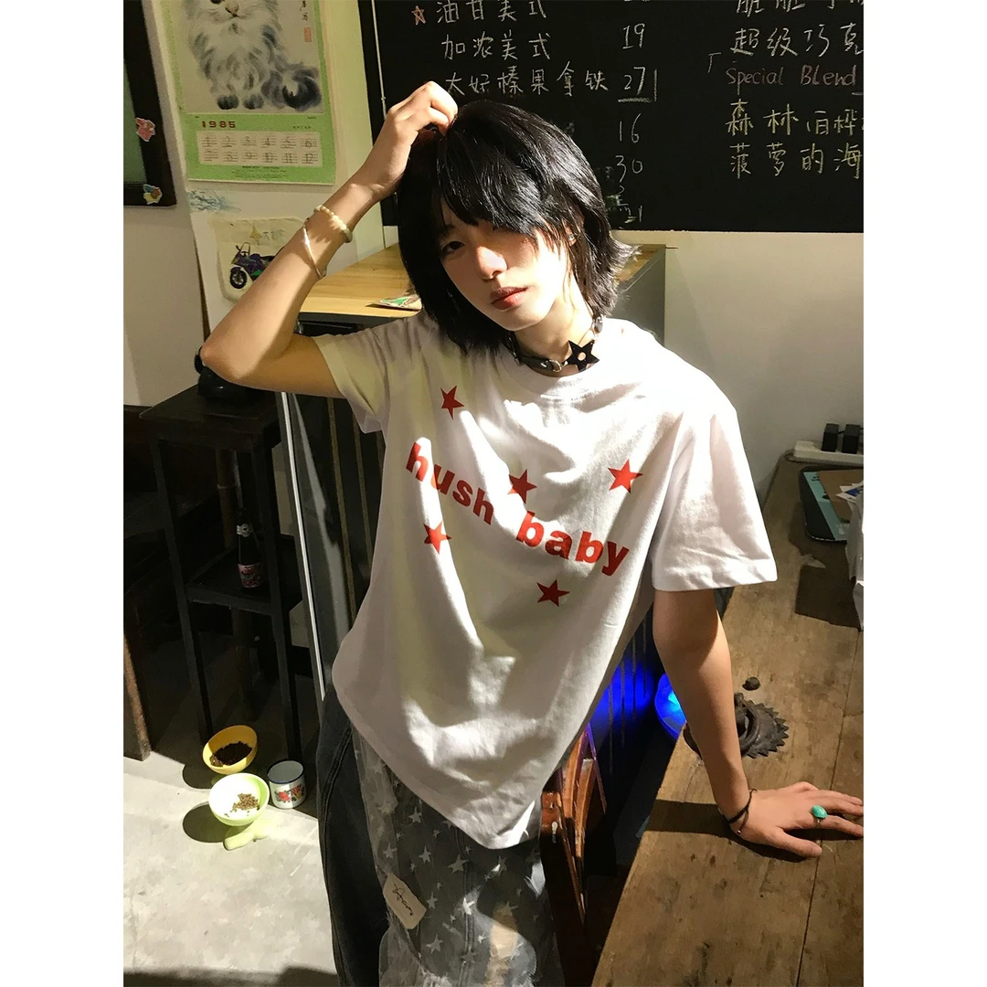 100%重磅美式复古ins潮牌纯棉短袖T恤男女字母印花正肩情侣装上衣