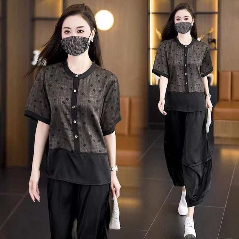 休闲大码显瘦套装女2025夏季妈妈宽松气质复古印花上衣短袖两件套