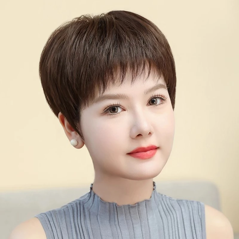 假发短直发中老年妈妈款女全真人发透气轻薄碎刘海真头皮自然逼真