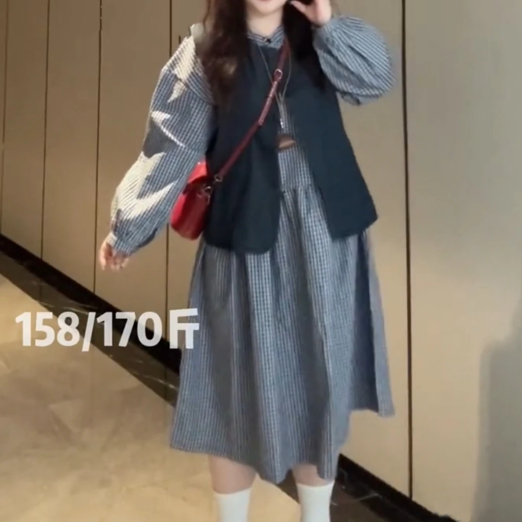 大码早秋一整套复古格子连衣裙设计感马甲套装7377