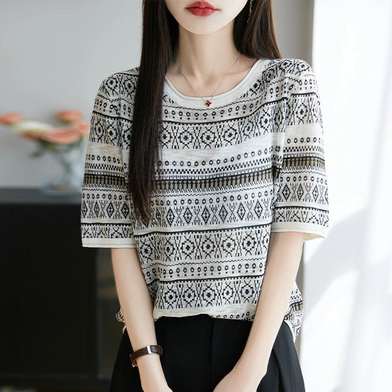 品牌2025夏季复古提花针织短袖Tt恤女士宽松显瘦圆领薄款上衣透气