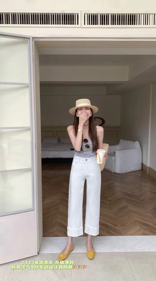 1113 翻边夏季高腰直筒裤夏磨毛牛仔裤短裤韩系裤子宽松