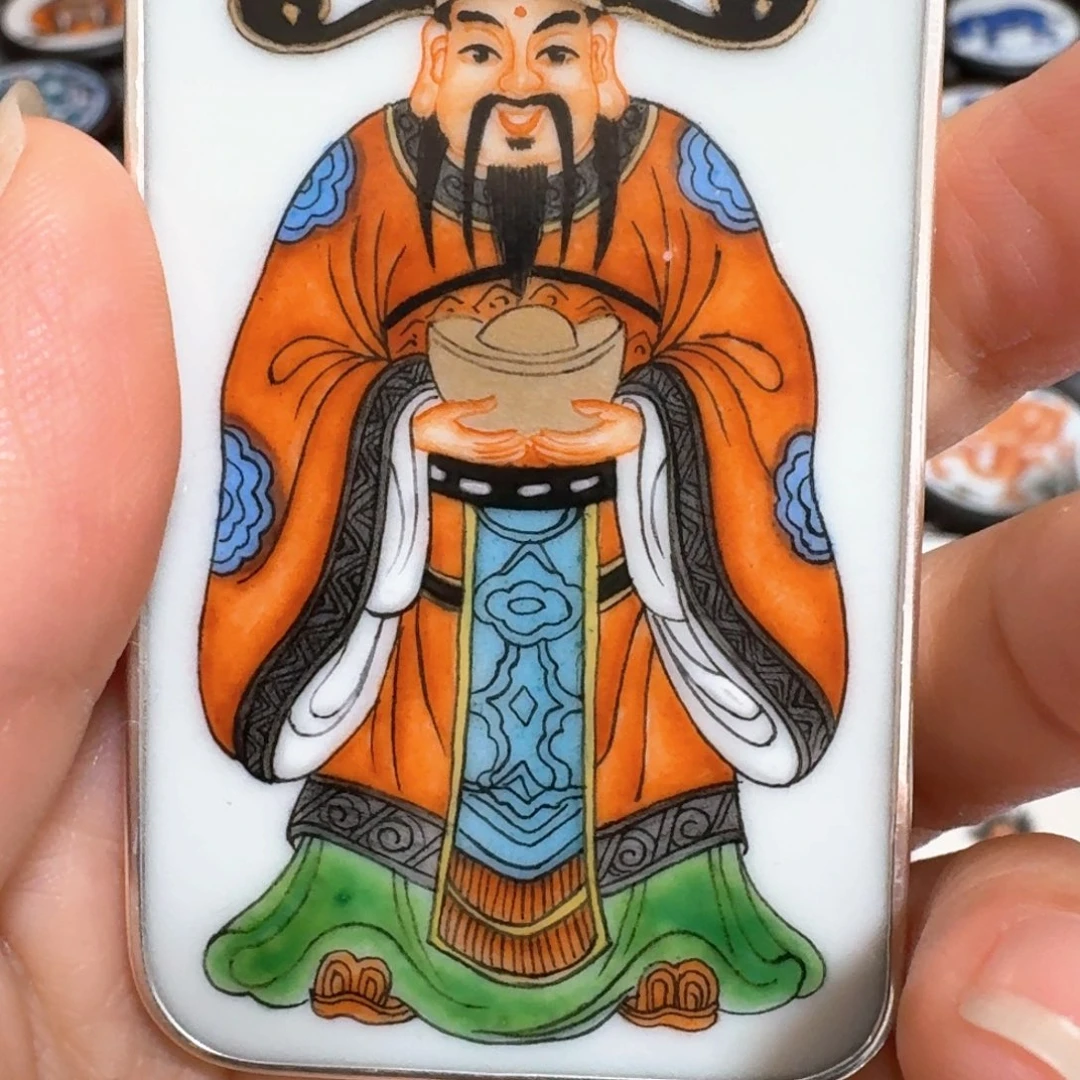 美***，瓷片粉彩纯银财神挂件