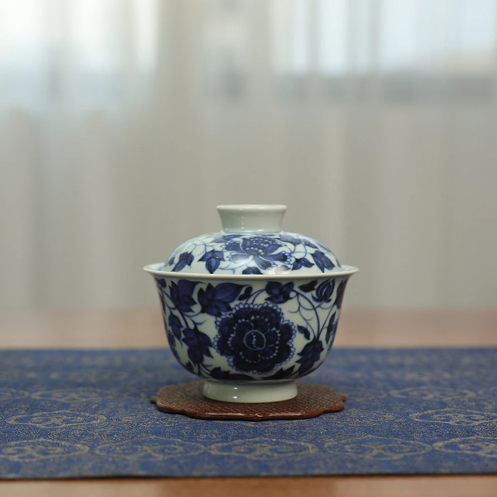 【非遗严选】景德镇全手工手绘元青花牡丹盖碗陶瓷茶具yyz110