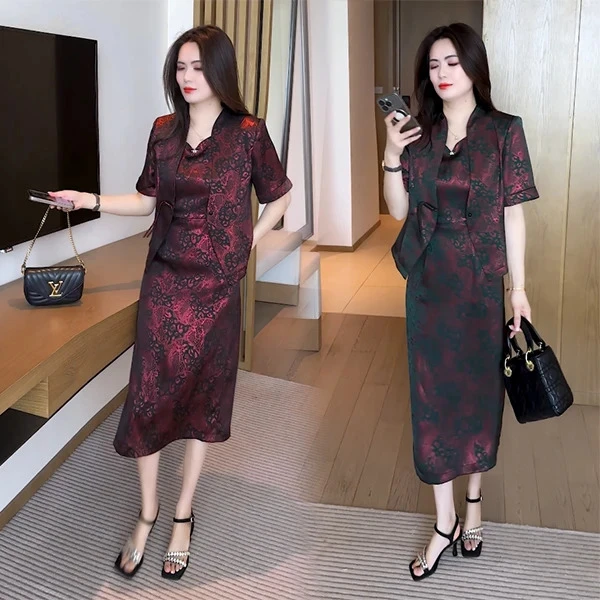 夏季新款穿搭新中式气质显瘦洋气时尚盘扣短袖套裙