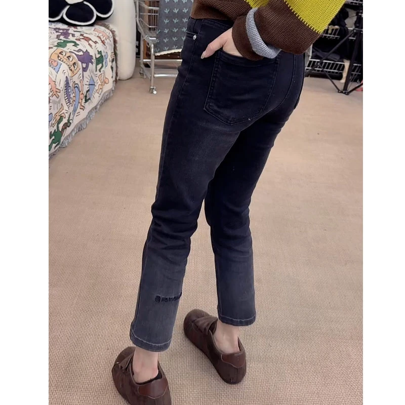 黑灰色高腰弹力直筒牛仔裤女春秋新款梨形身材大码显瘦九分烟管裤