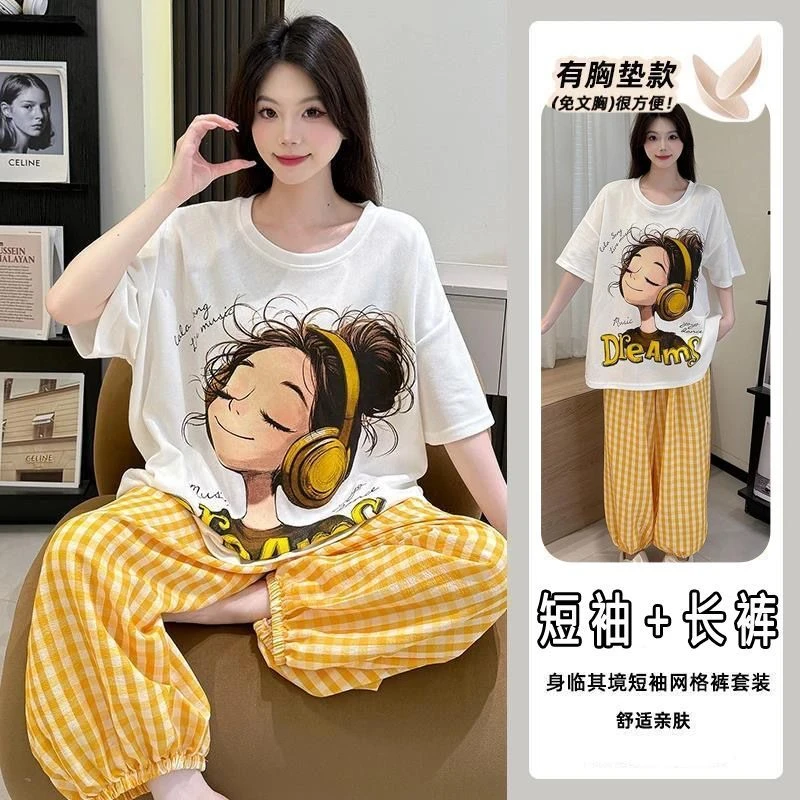 带胸垫睡衣女2025年夏季短袖短裤卡通卷发女孩可外穿家居服两件套