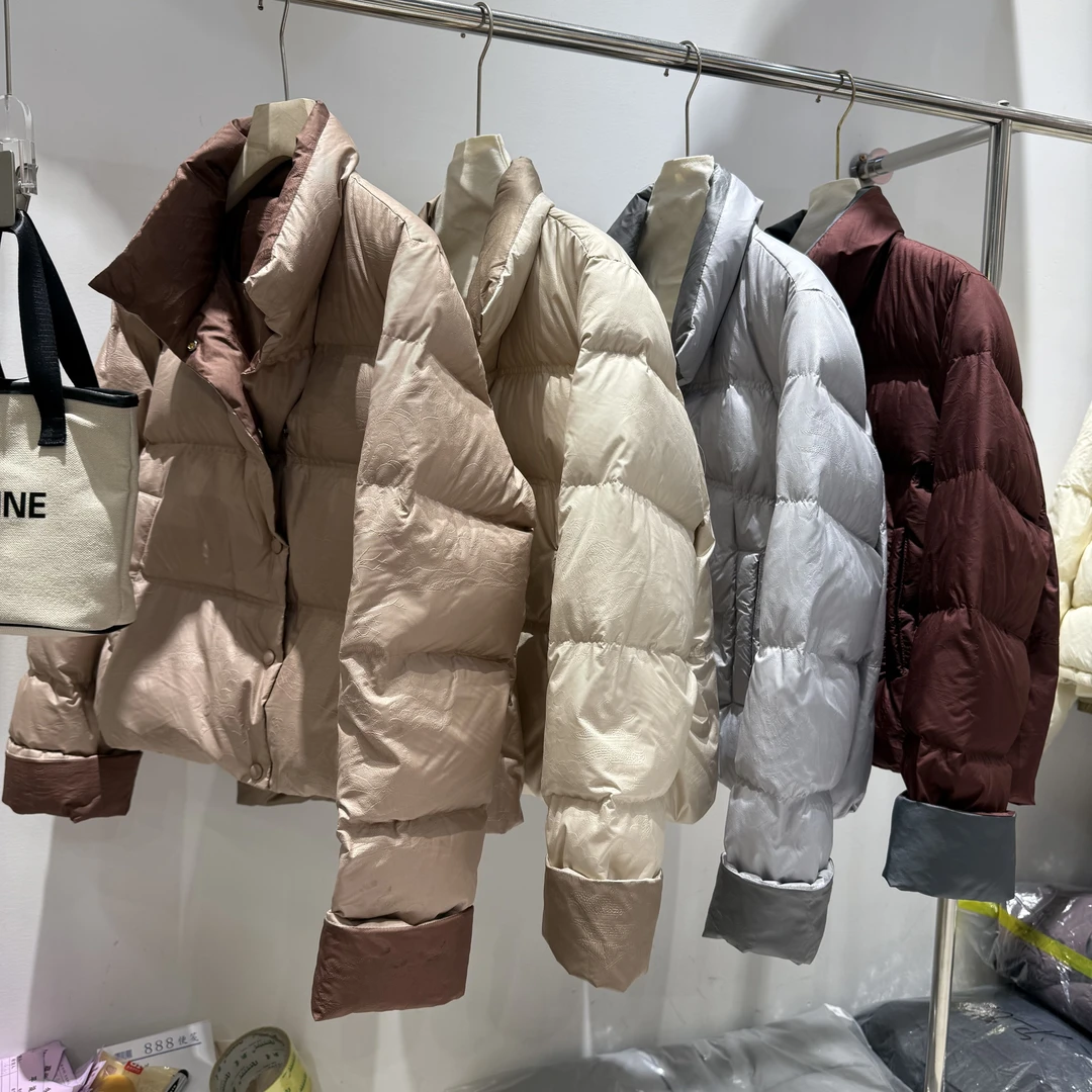 订制国风暗纹印花刺绣女羽绒服外套撞色拼接短款时尚休闲保暖902