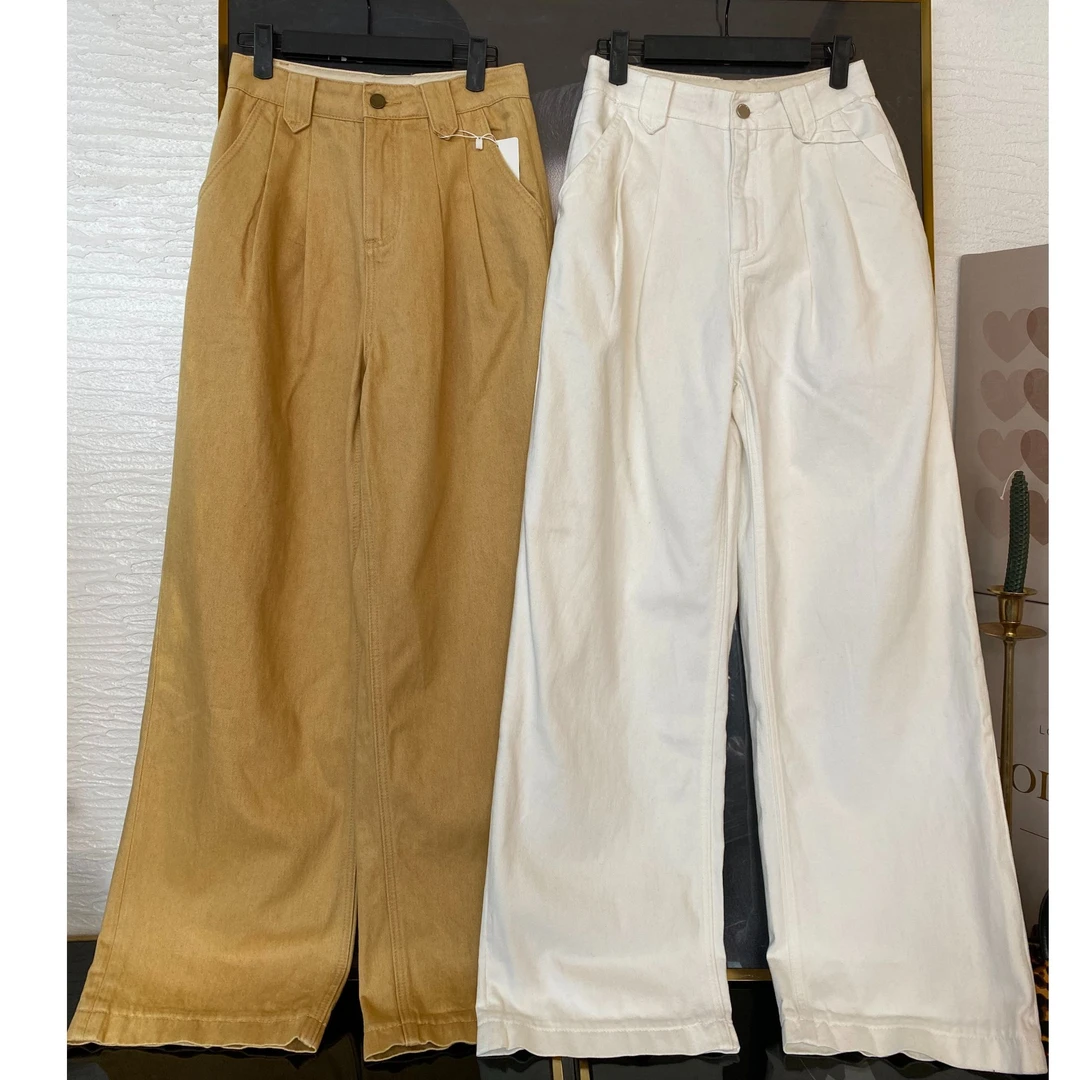 21011-设计感简约褶皱两个色阔腿牛仔裤