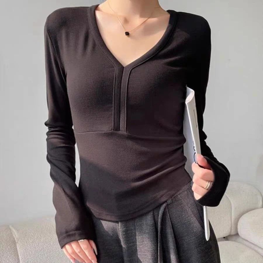 显瘦有垫肩内搭纯色抽绳美式辣妹V领长袖修身百搭