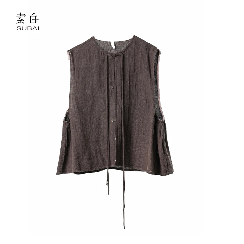 素白轻国风【絮语】P00827小众设计时尚亚麻无袖马甲