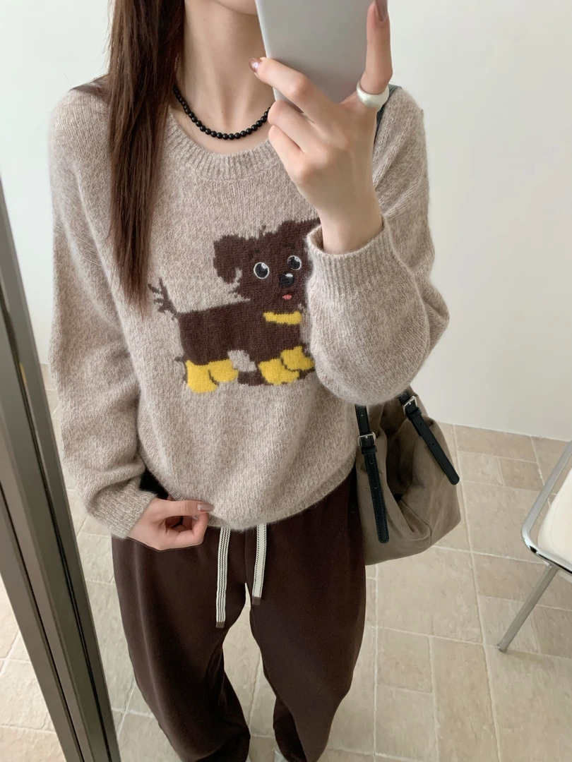 【素简.510192】2025秋冬新款蜜熊绒羊毛混提花小狗女装上新羊毛衫