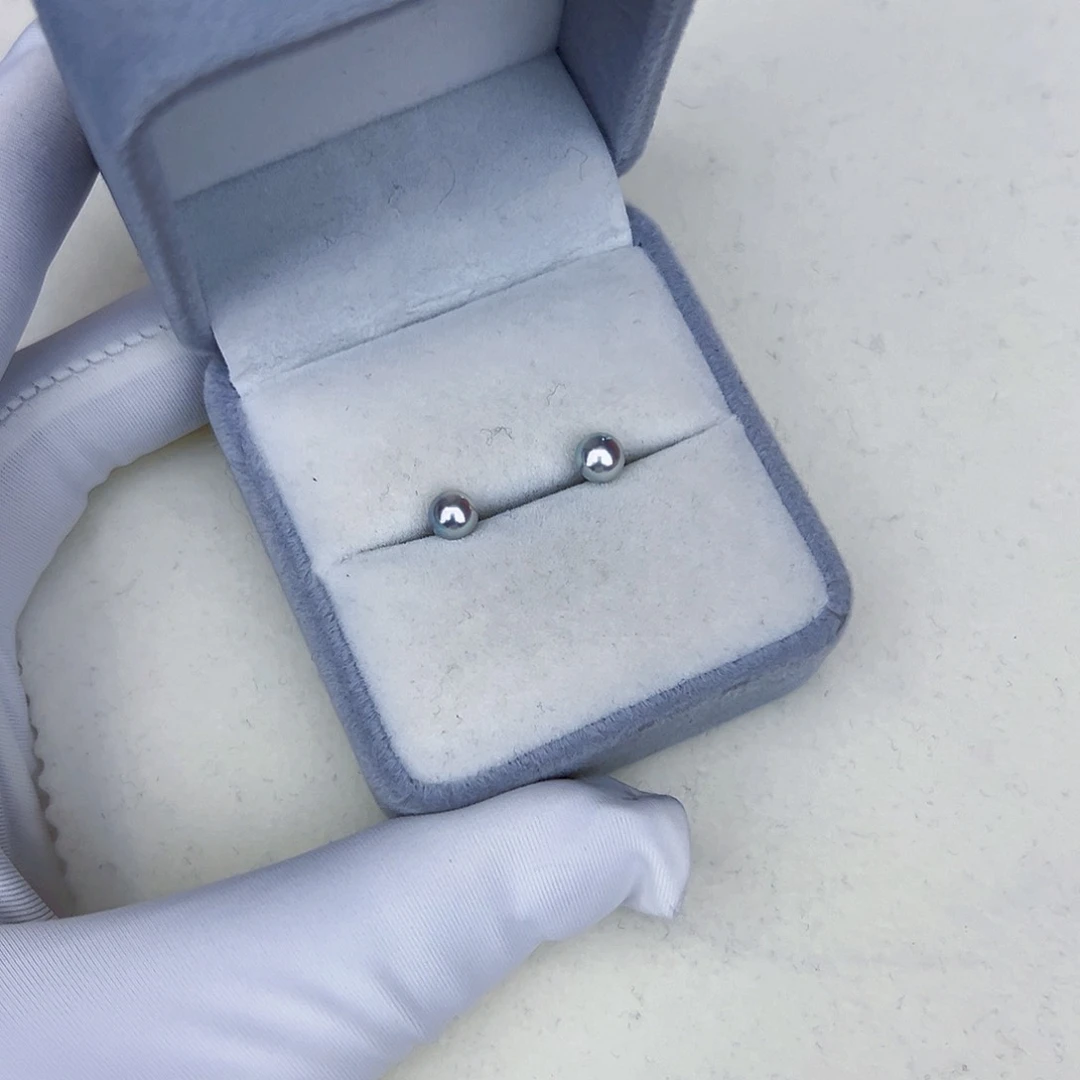 海水珍珠海水akoya真多麻色耳钉5-6mm银S925镶嵌