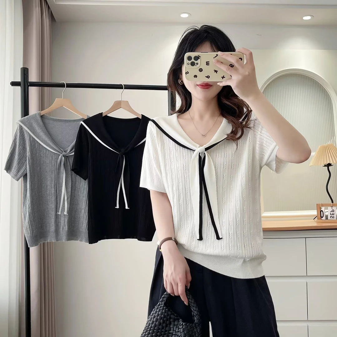 大码胖mm洋气时尚百搭撞色海军领针织衫女夏季新款正肩上衣显瘦