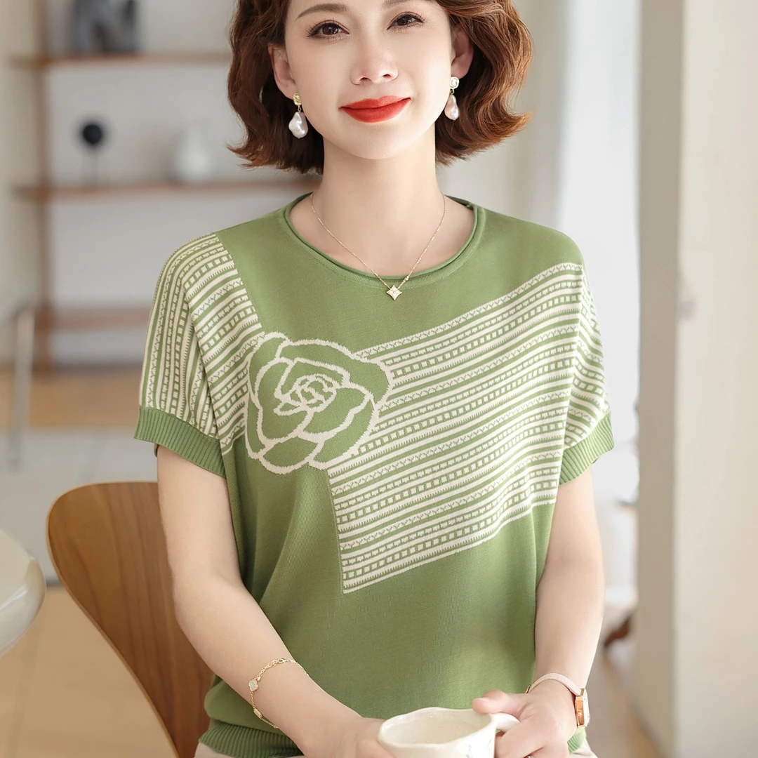 妈妈夏装2025新款冰丝短袖t恤中年妇女洋气上衣时尚减龄针织小衫
