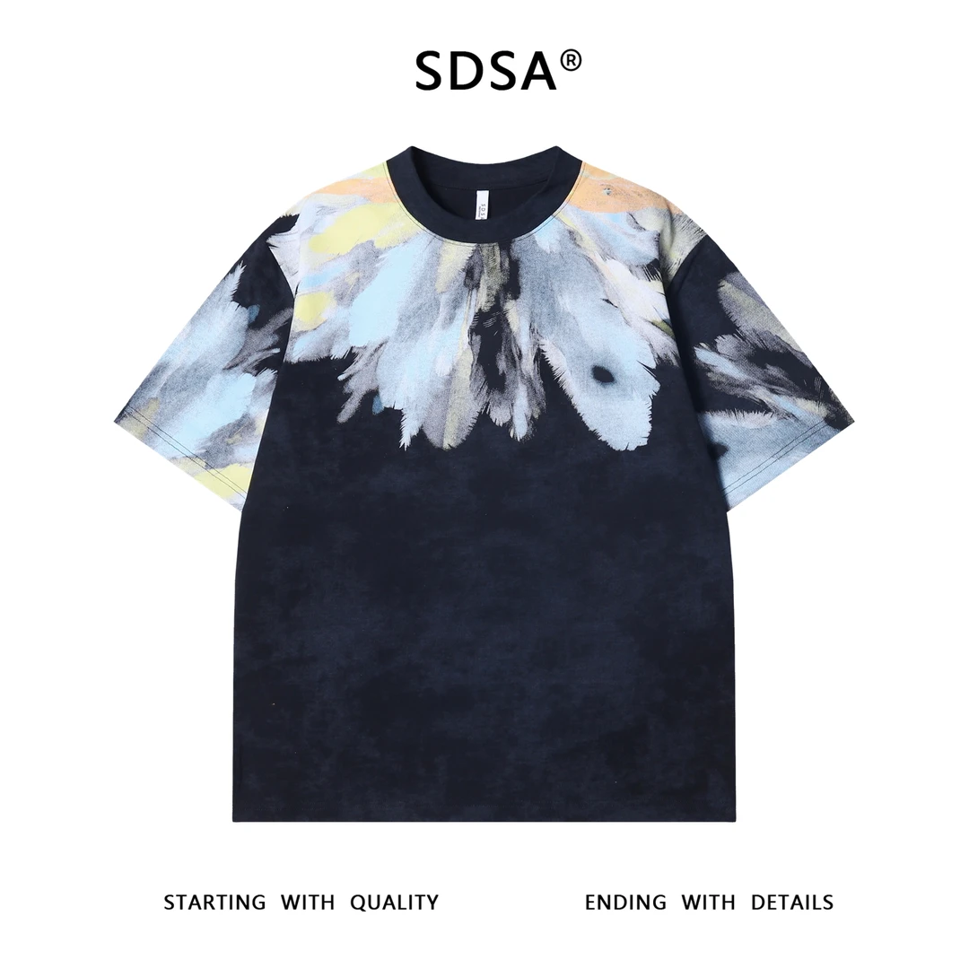 夏季高级感新款男士抽象领口印花圆领短袖T恤潮流时尚宽松上衣