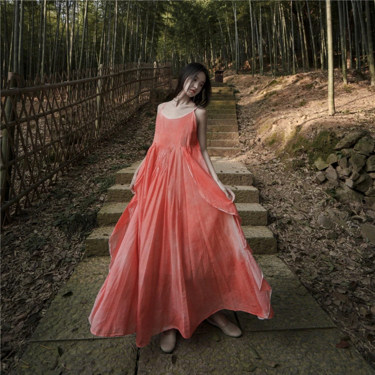 A文艺复古渐变多色喷染木耳花边植物染文艺国风飘逸吊带长裙连衣