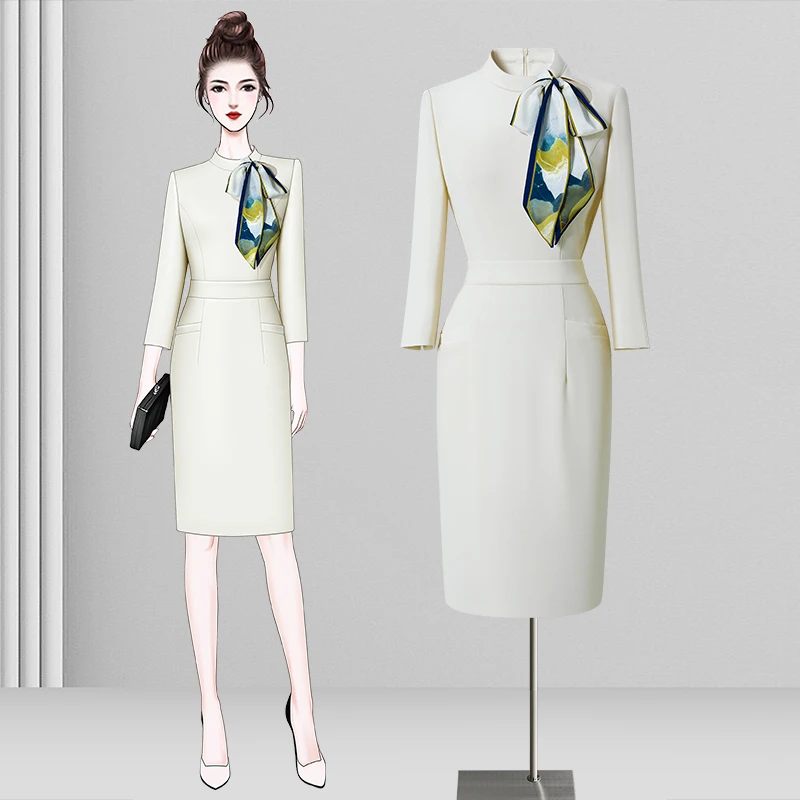 职业连衣裙女春秋设计感高级女神范美容师白领售楼部珠宝店工作服