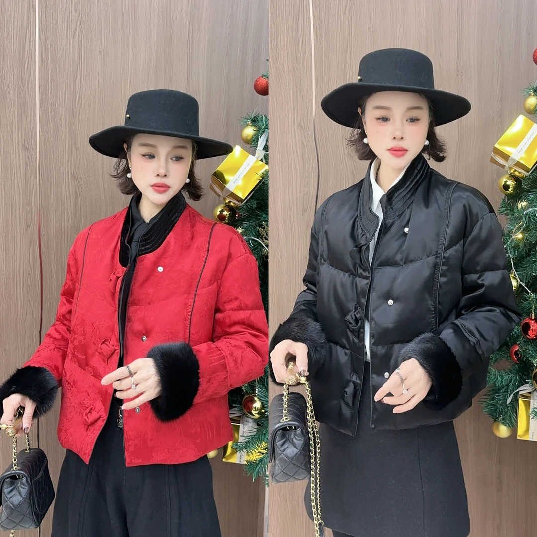 YUANJIE欧货水貂袖口女高级蝴蝶结显瘦鹅绒外套