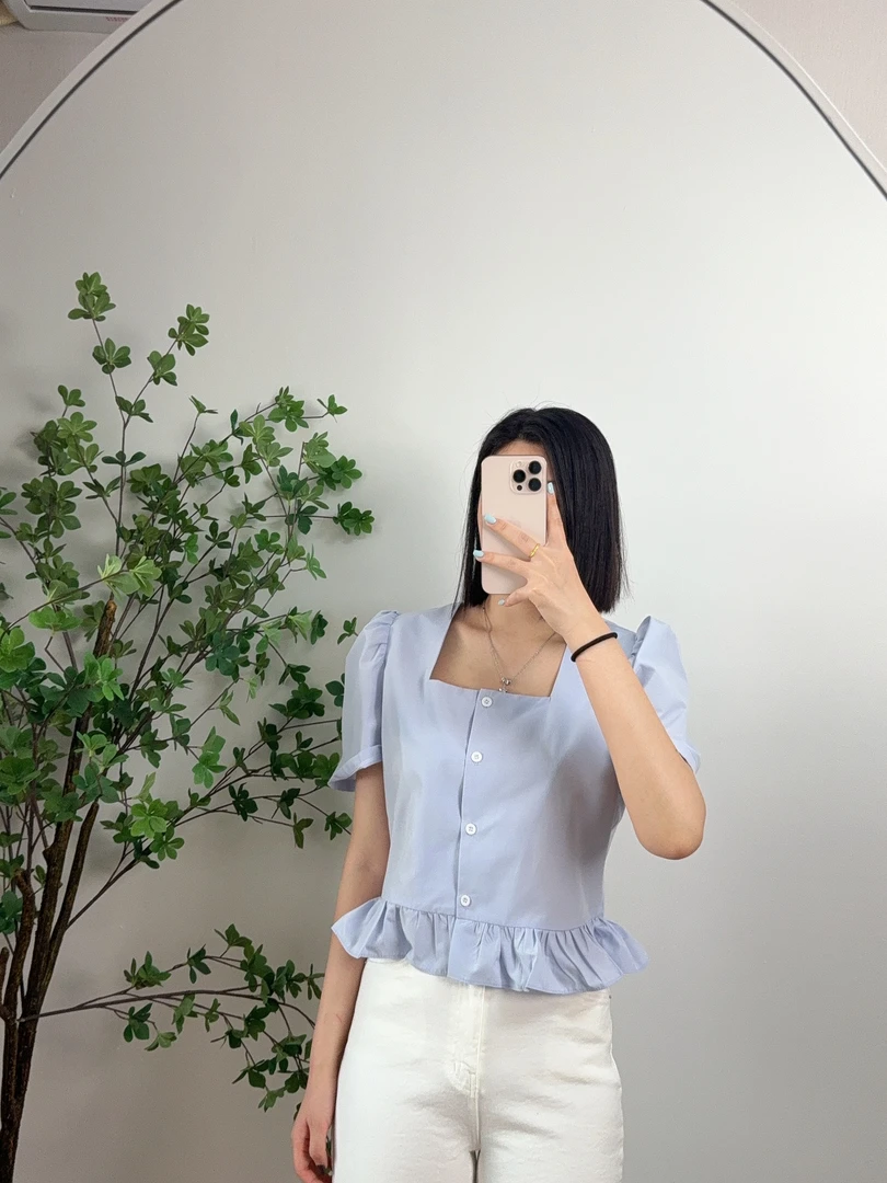 no退-气质小衫质量超好设计感显瘦纯色夏季方领