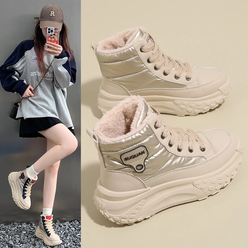 雪地靴女鞋冬季保暖中帮棉鞋加绒厚底增高学生防滑秋冬季耐磨
