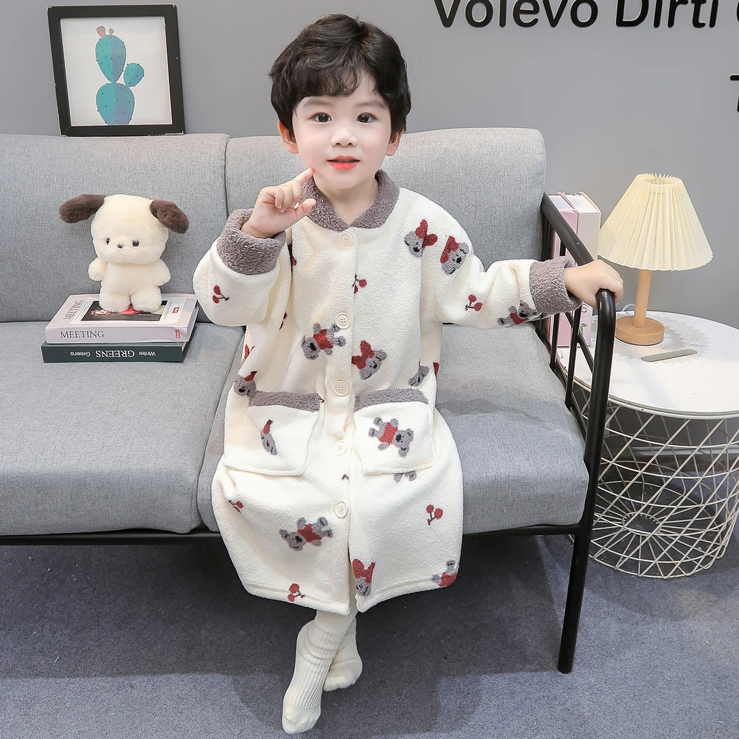 男童睡袍秋冬季法兰绒儿童珊瑚绒加厚可爱小熊宝宝浴袍家居服睡袍