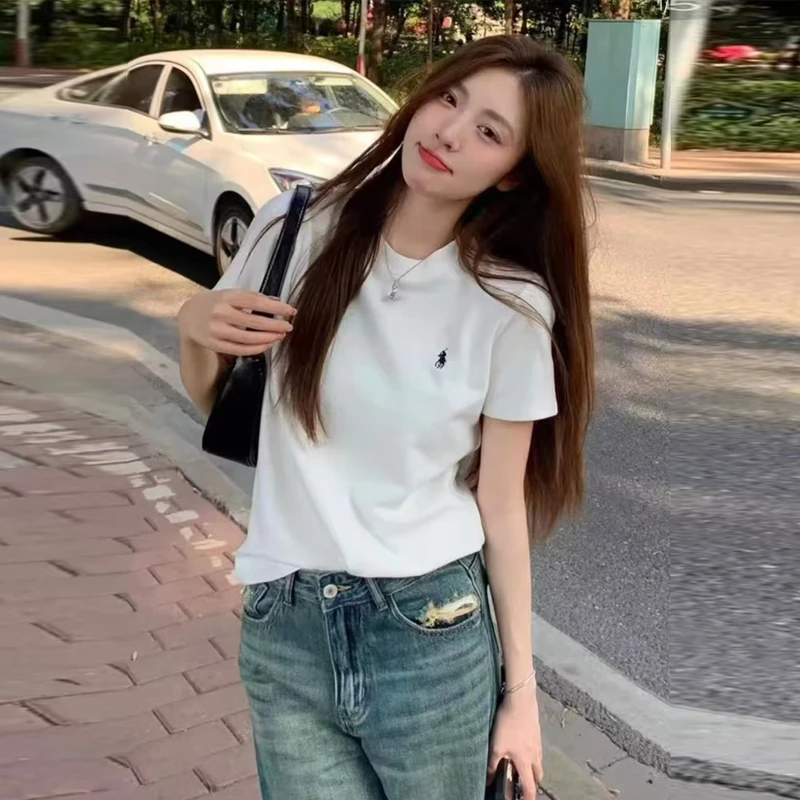 纯棉圆领拼接小马短袖耐磨T恤女士休闲宽松韩版显瘦ins短款