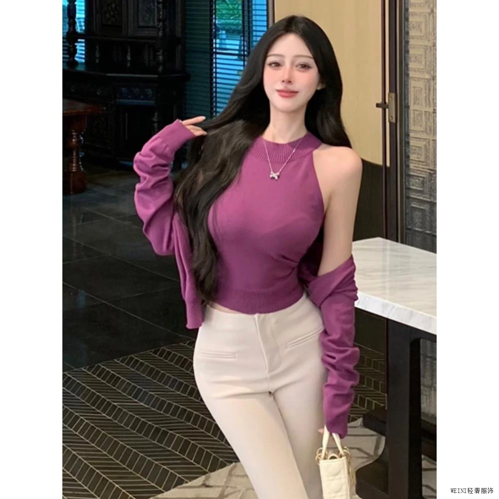 秋冬女款紫色无袖高领针织纯欲性感轻奢超火风上衣开衫两件套