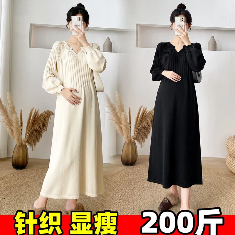 大码孕妇包芯纱针织连衣裙秋冬装气质过膝长裙遮肚打底毛衣200斤
