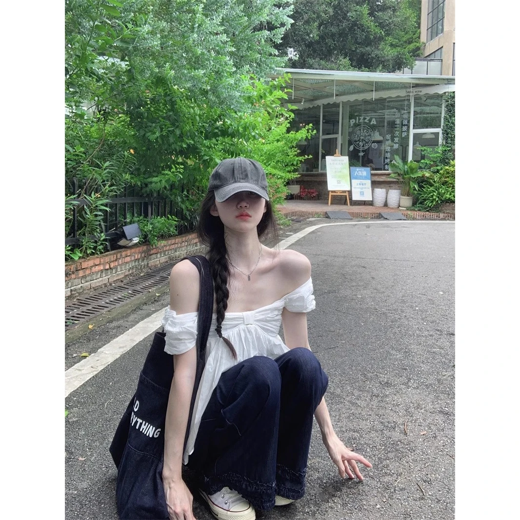 休闲衣服女慵懒风韩系ins衣服娃娃衫小飞袖纯欲短款吊带衬衫上衣