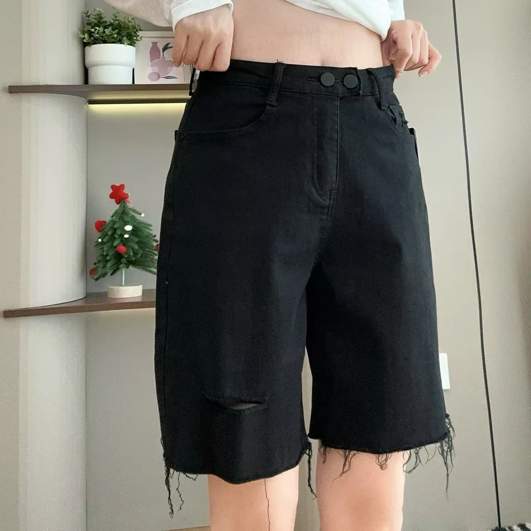夏季骑士裤毛边直筒四面弹牛仔短裤中裤5-5-1