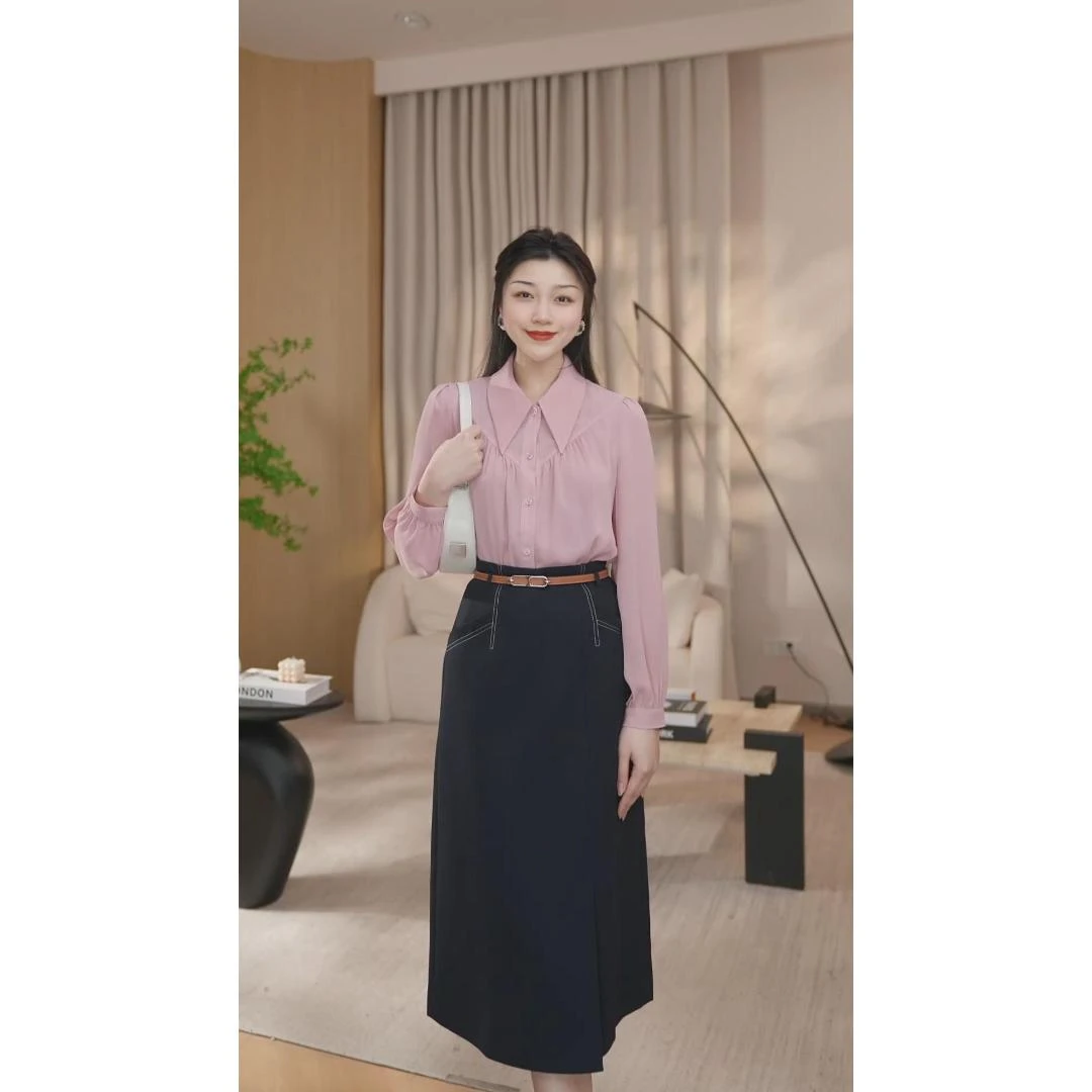 曼贝白色长袖衬衫女高级感宽松减龄显瘦气质职业衬衣8393049小雪