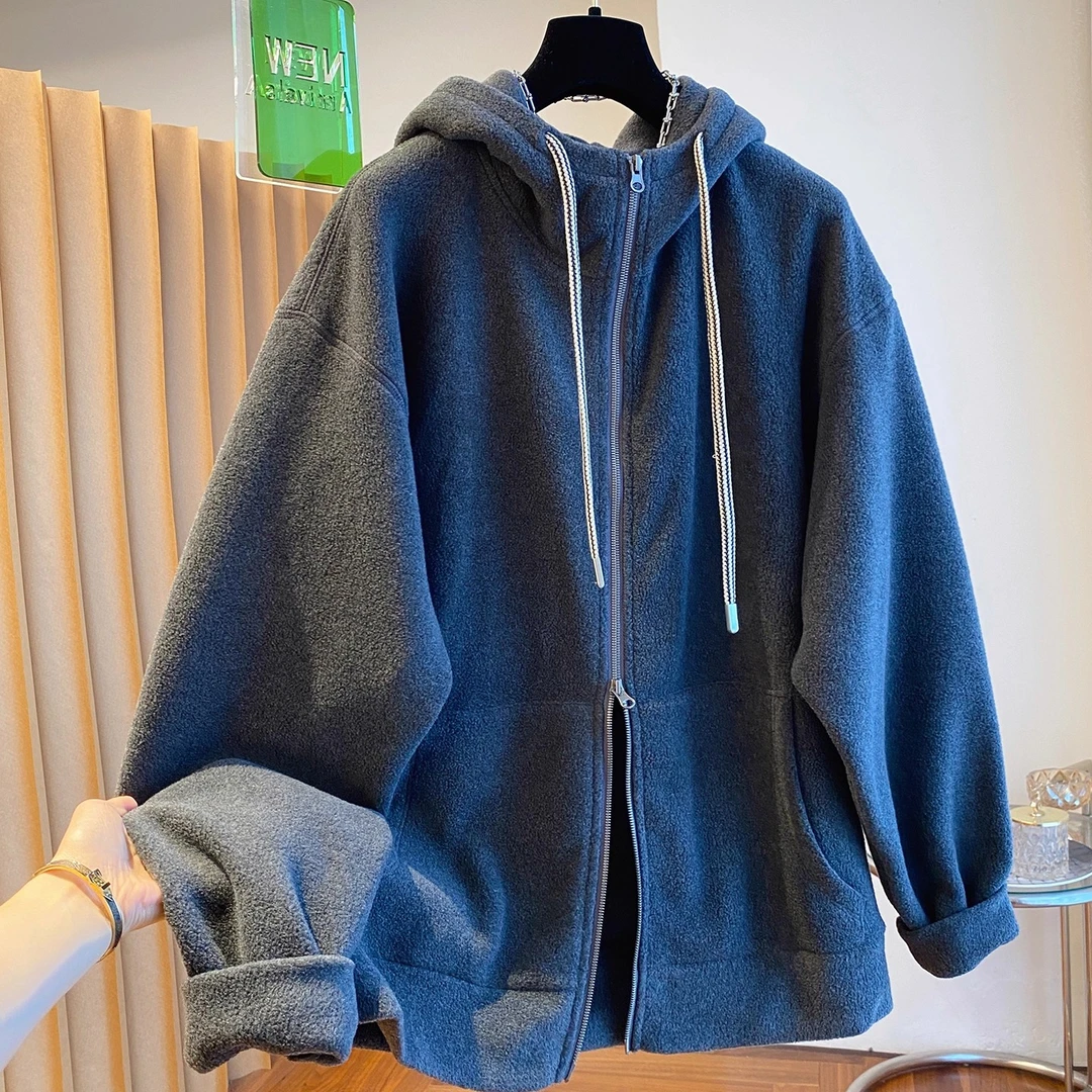 300斤特大码连帽摇粒绒卫衣男女秋冬宽松开衫外套慵懒风加绒上衣2