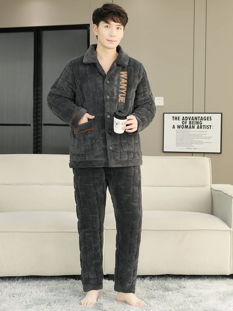 男士秋冬季三层夹棉睡衣套装加绒加厚牛奶绒保暖家居服D1213