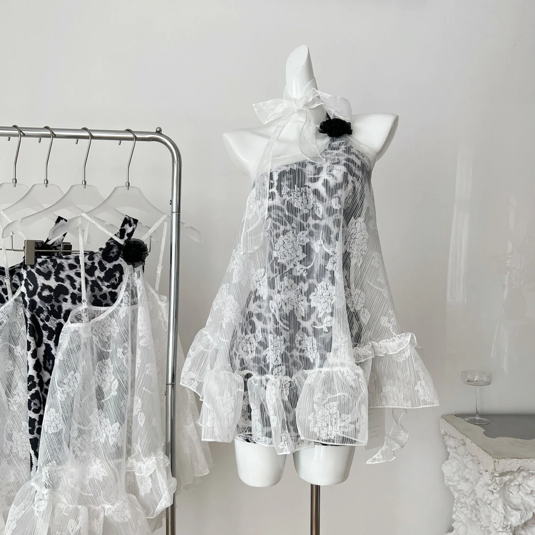 私藏信箱 纯欲辣妹设计款蕾丝飘带罩衫豹纹连衣裙两件套性感白色