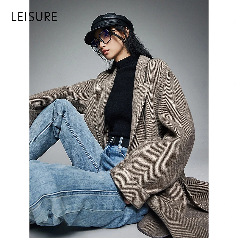籽言专属LEISURE/三彩丽雪法式慵懒气质翻领浴袍式毛呢长大衣7692