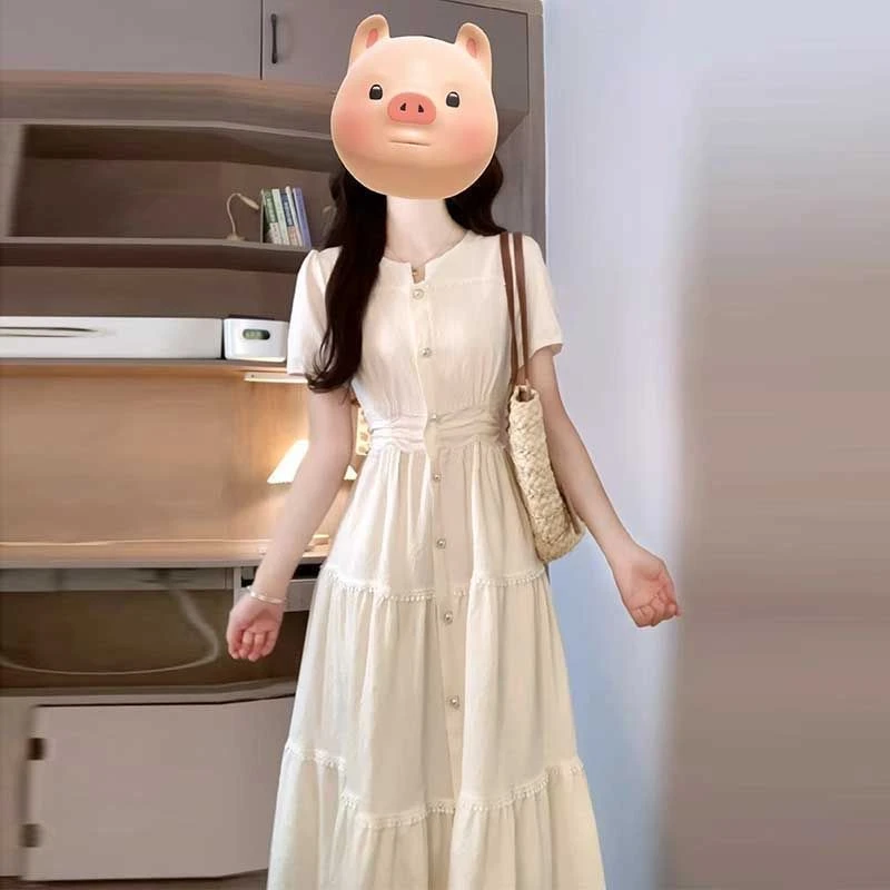 法式气质白色连衣裙子女夏季2025年新款收腰显瘦温柔风A字裙长裙
