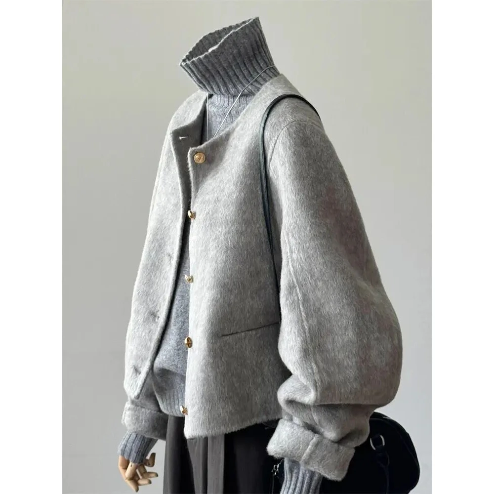 2024冬新款爆款韩系慵懒风小个子气质高级感灰色短款毛呢外套套装