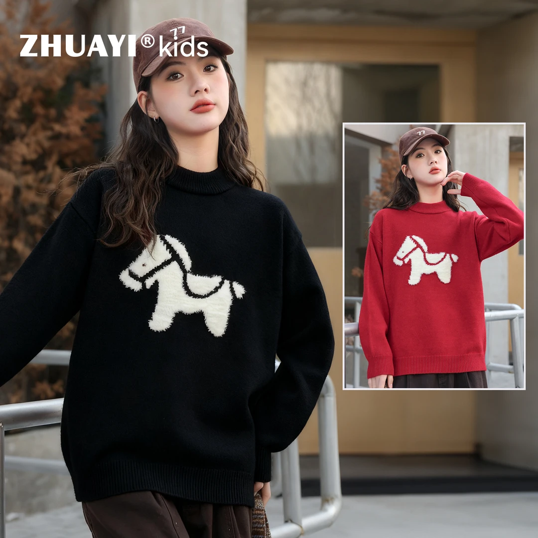 女童红色毛衣年装2025冬季时髦儿童加厚半高领针织衫（25405359）4
